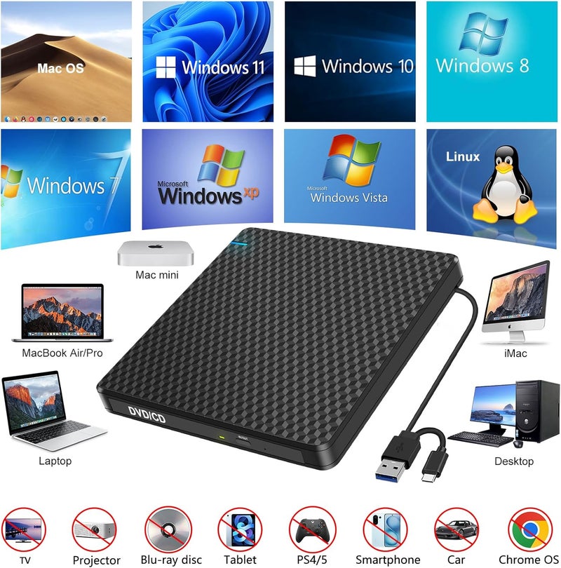 Guamar External CD DVD Drive: USB-C CD Burner Portable DVD Player Disc Reader for Laptop PC MacBook Mac Windows 11/10 with SD/TF Slot/2 USB Ports Plug & Play (Black) - Image 5